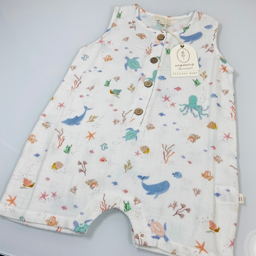Elegant Baby Kids 9-12M White Sea Life‎ Romper NEW Organic Cotton Muslin Gauze